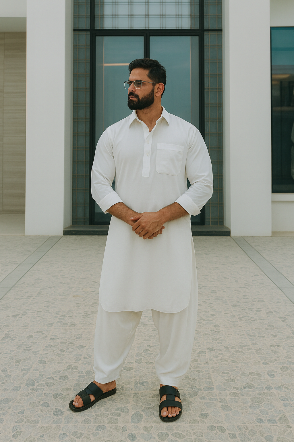 White Punjabi Kurta Pajama with Collar and Salwar