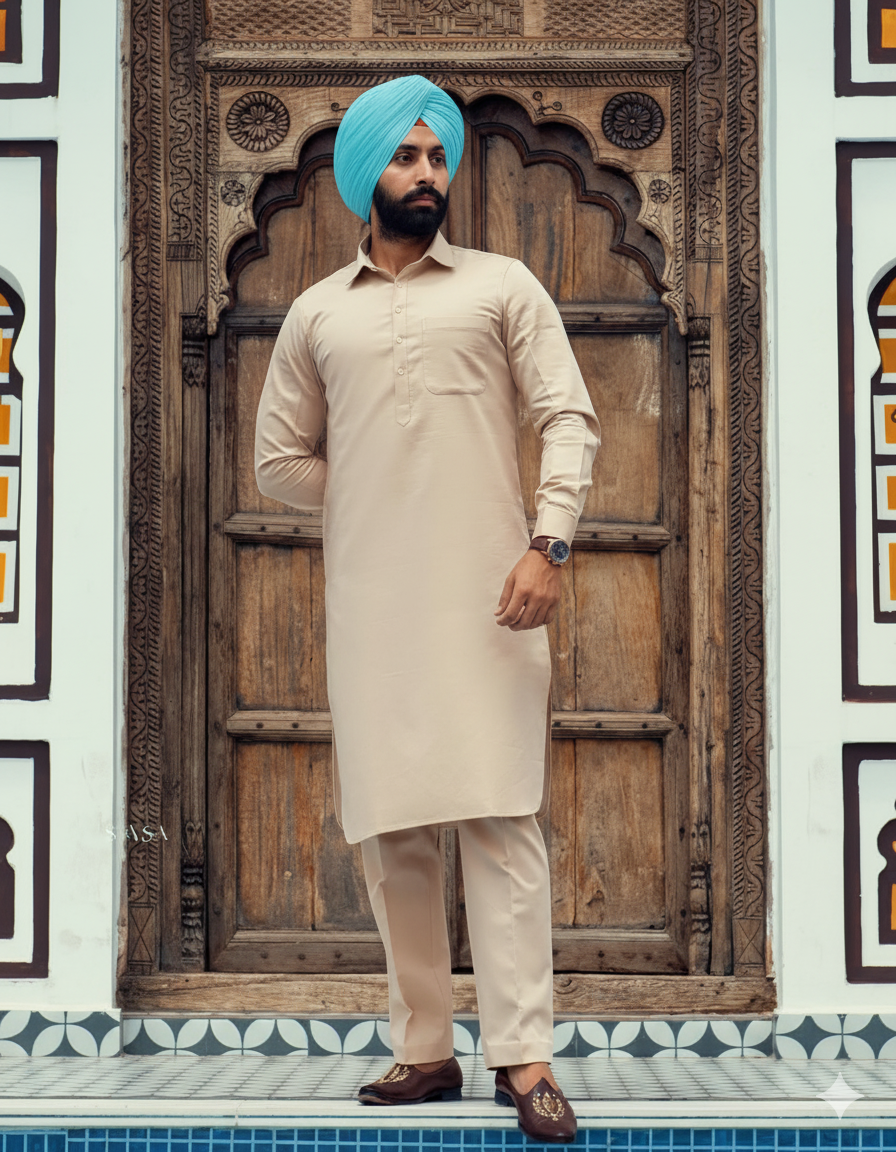 Beige Punjabi Kurta Pajama – Straight Kurta and Pajama with band collar