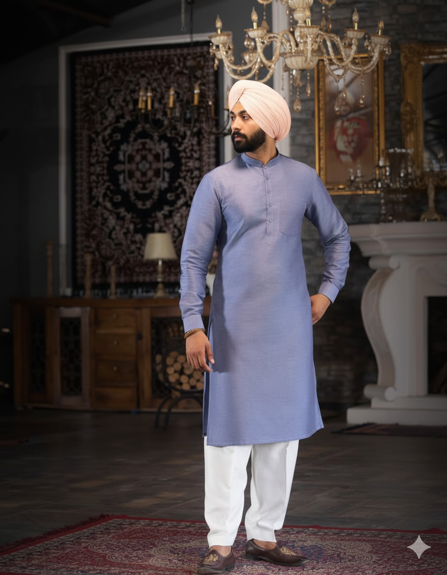 Dark Blue Violet Straight Kurta with band collar & Salwar – Punjabi Style