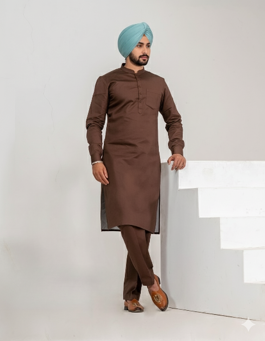 Dark Brown Punjabi Straight Kurta Pajama with band collar