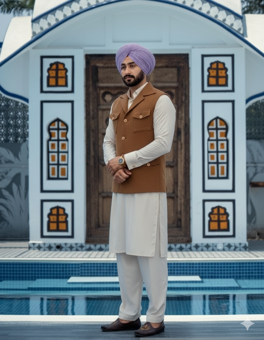 Cream Kurta Pajama with Beige Color Jacket | Straight Kurta with collar and Pathani Salwar