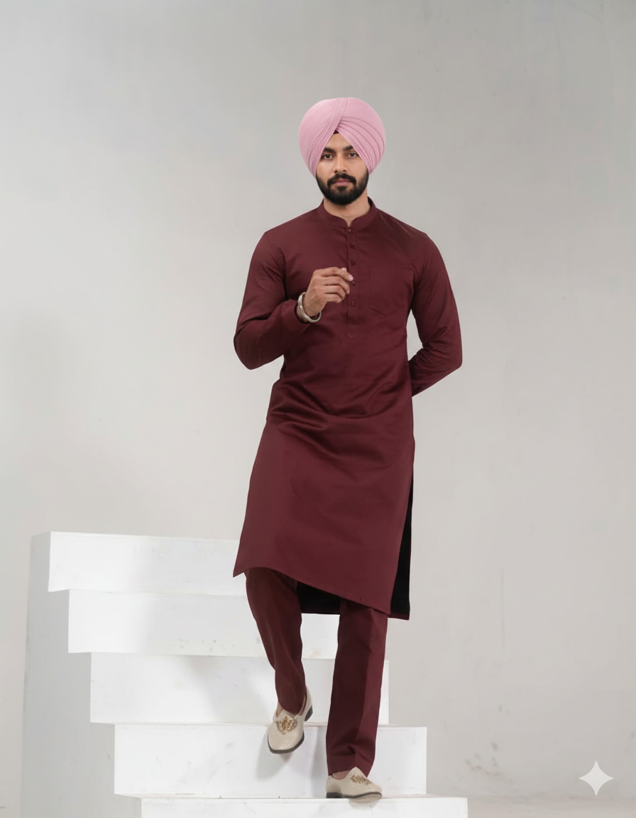 Cherry Red Straight Kurta Pajama with band collar