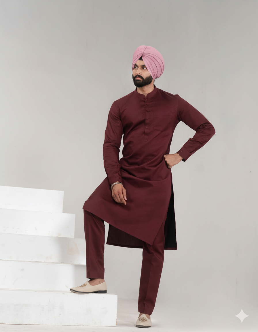 Cherry Red Straight Kurta Pajama with band collar