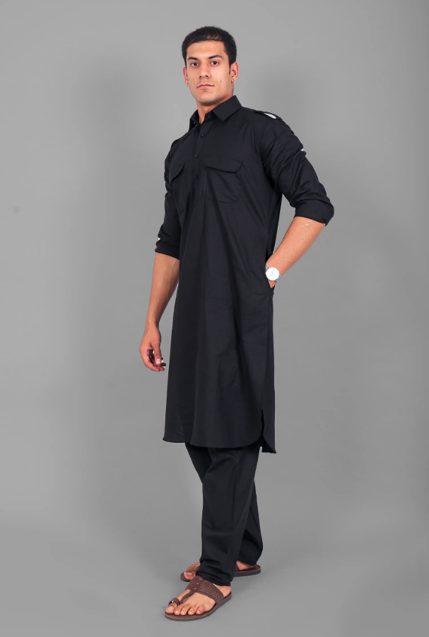 Punjabi Style Pathani Black Kurta Pajama