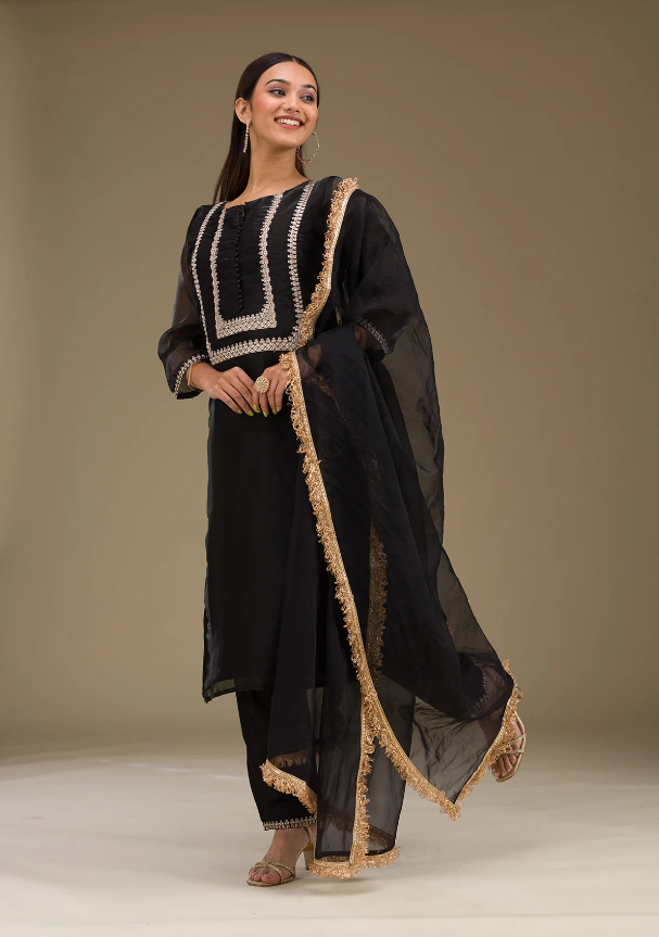 Black Zariwork Readymade Salwar Suit in Luxe Jimmy Choo Fabric