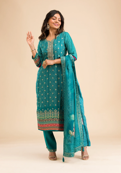 Peacock Blue Semi Crepe Readymade Salwar Suit with Zari Detailing