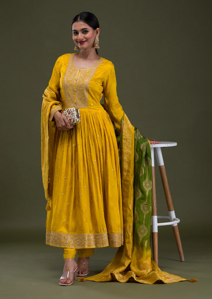 Mustard Crepe Readymade Anarkali Suit with Zari Embroidery