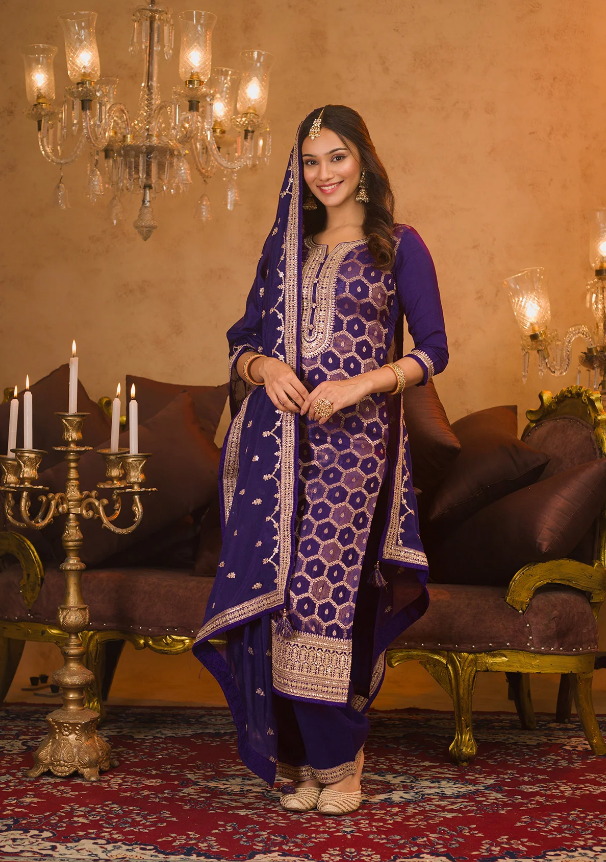 Purple Crepe Readymade Salwar Suit with Zari Embroidery