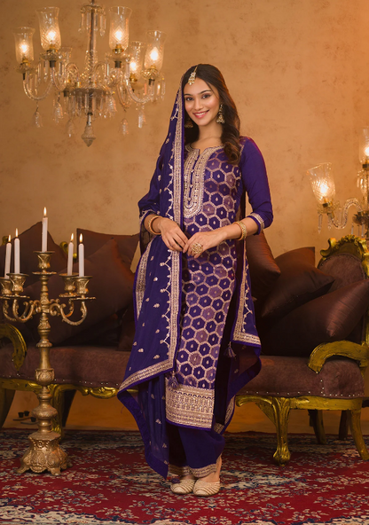 Purple Crepe Readymade Salwar Suit with Zari Embroidery