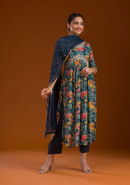 Navy Blue Chiffon Readymade Salwar Suit with Intricate Threadwork