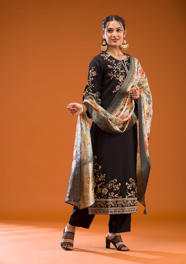 Black Semi Crepe Readymade Salwar Suit with Elegant Threadwork