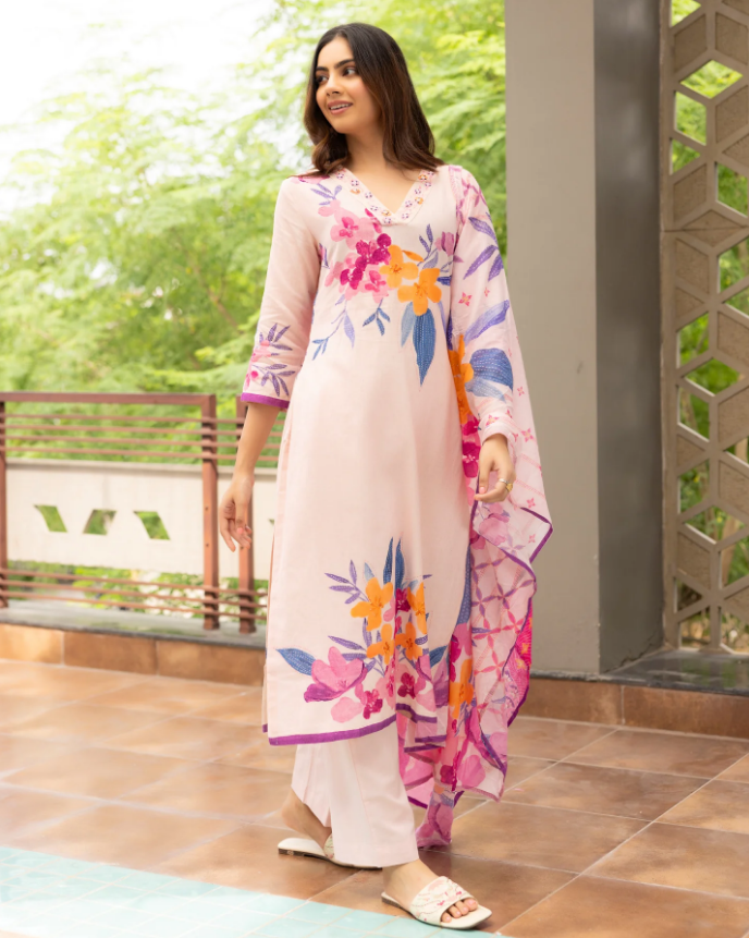 Soft Pink Floral Suit Set – Feminine & Graceful