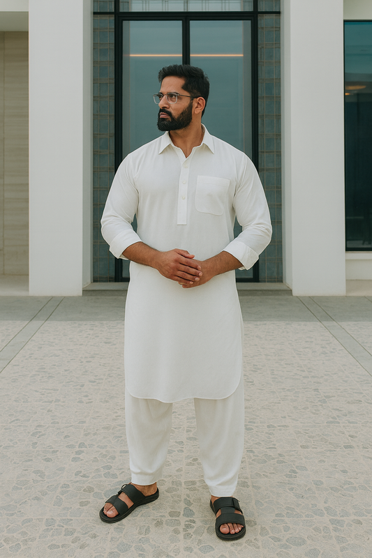 White Punjabi Kurta Pajama with Collar and Salwar