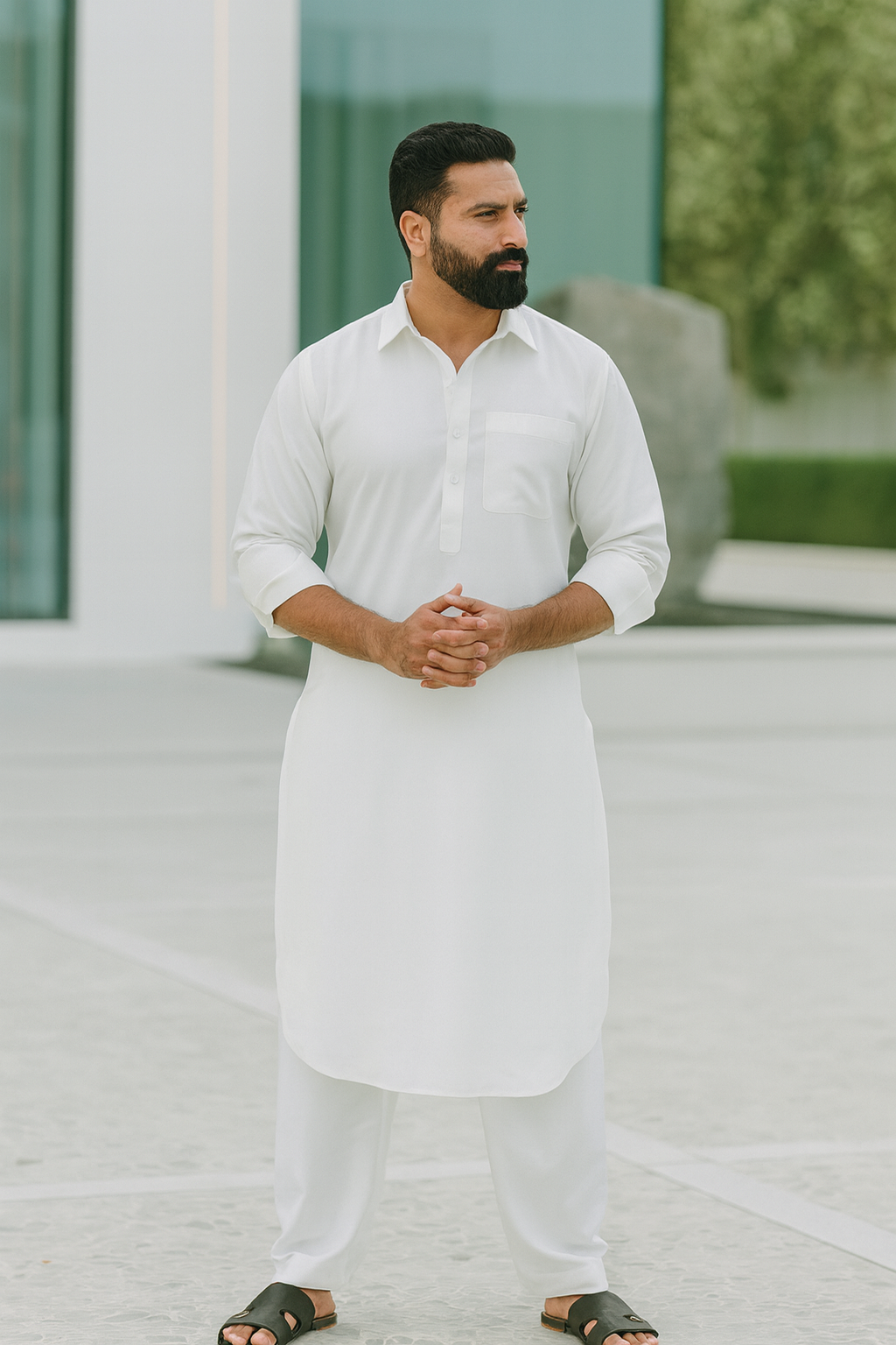 White Punjabi Kurta Pajama with Collar and Salwar