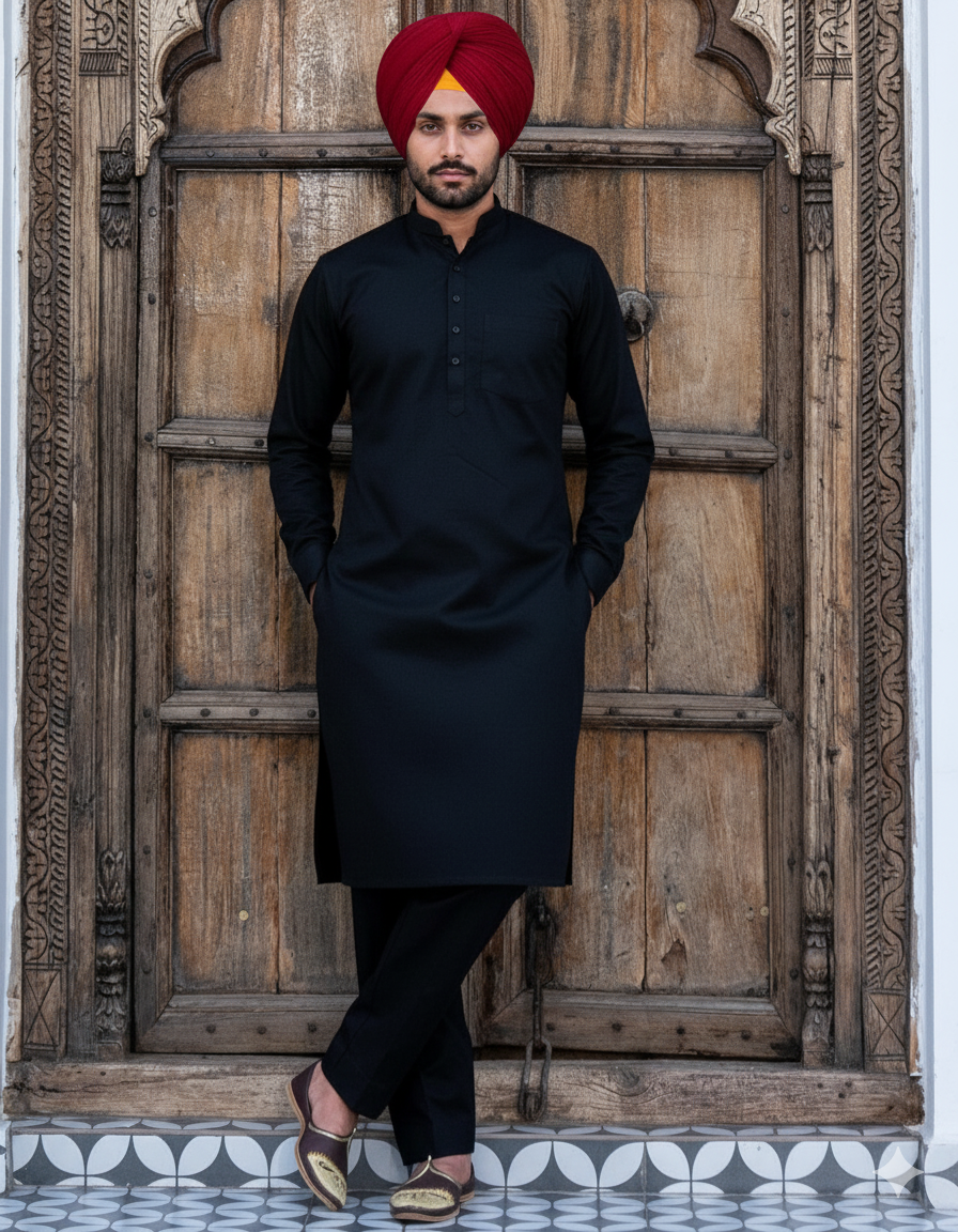Punjabi Black Kurta Pajama | Straight Cut with band collar