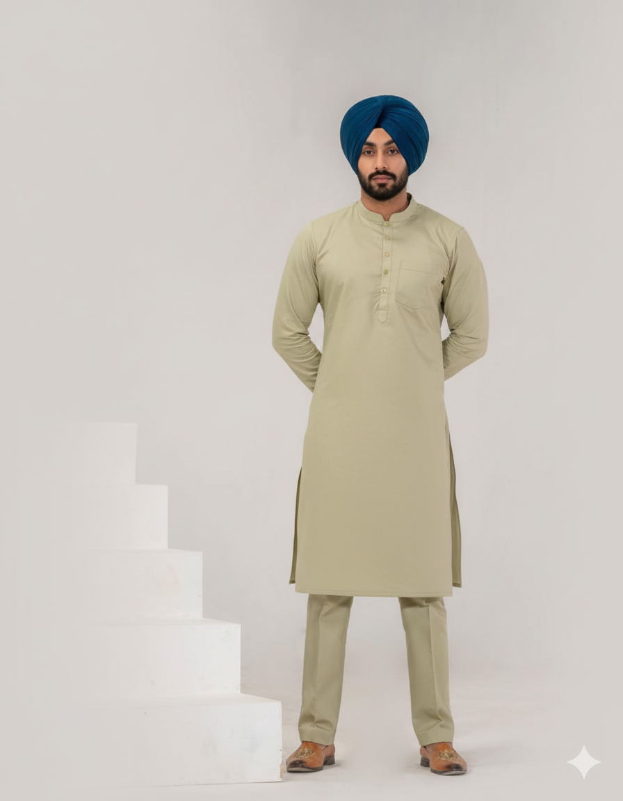 C-Green Punjabi Kurta Pajama with straight cut and band collar