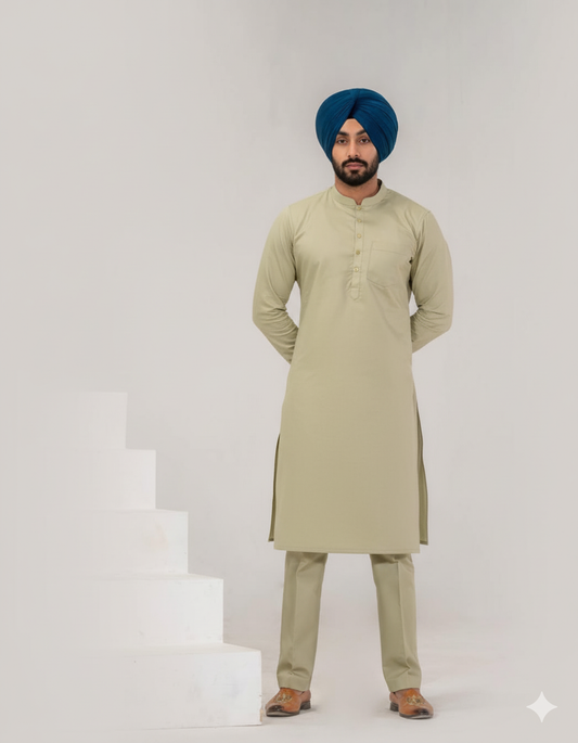 C-Green Punjabi Kurta Pajama with straight cut and band collar