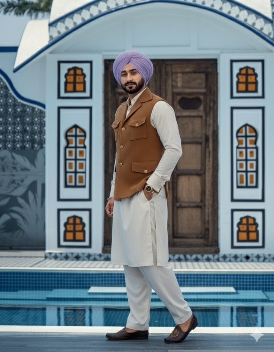 Cream Kurta Pajama with Beige Color Jacket | Straight Kurta with collar and Pathani Salwar