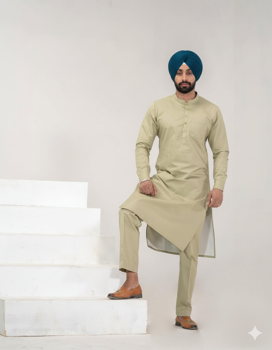 C-Green Punjabi Kurta Pajama with straight cut and band collar