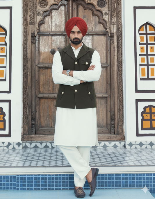 Pistachio Punjabi Kurta Pajama with Olive Jacket | Straight Kurta Pajama with band collar