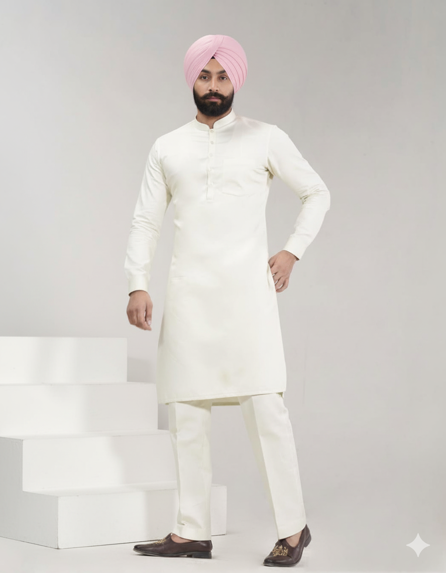 Light Pista Punjabi Straight Kurta Pajama with band collar