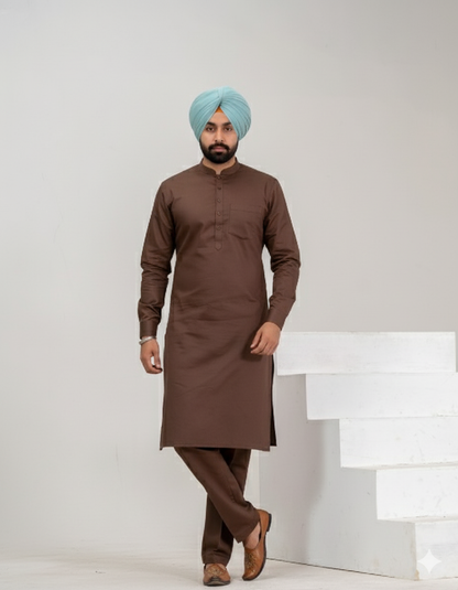 Dark Brown Punjabi Straight Kurta Pajama with band collar