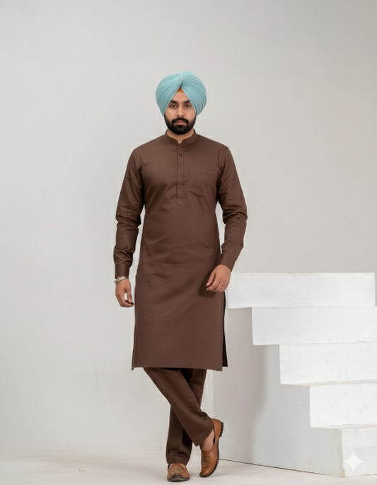 Dark Brown Punjabi Straight Kurta Pajama with band collar
