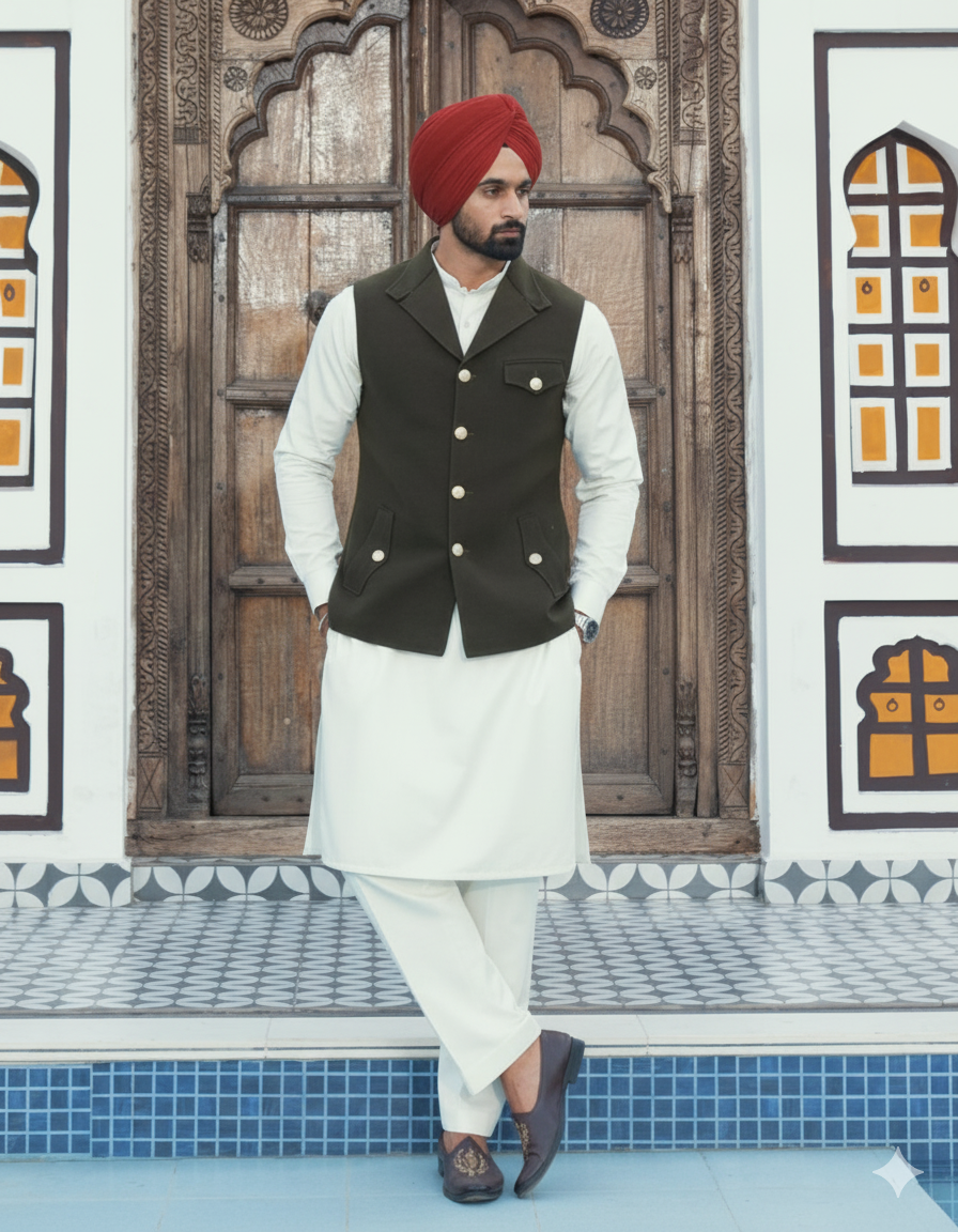 Pistachio Punjabi Kurta Pajama with Olive Jacket | Straight Kurta Pajama with band collar