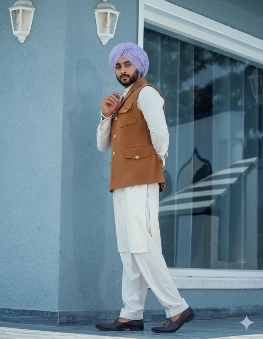 Cream Kurta Pajama with Beige Color Jacket | Straight Kurta with collar and Pathani Salwar
