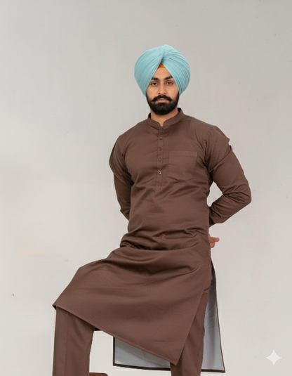 Dark Brown Punjabi Straight Kurta Pajama with band collar