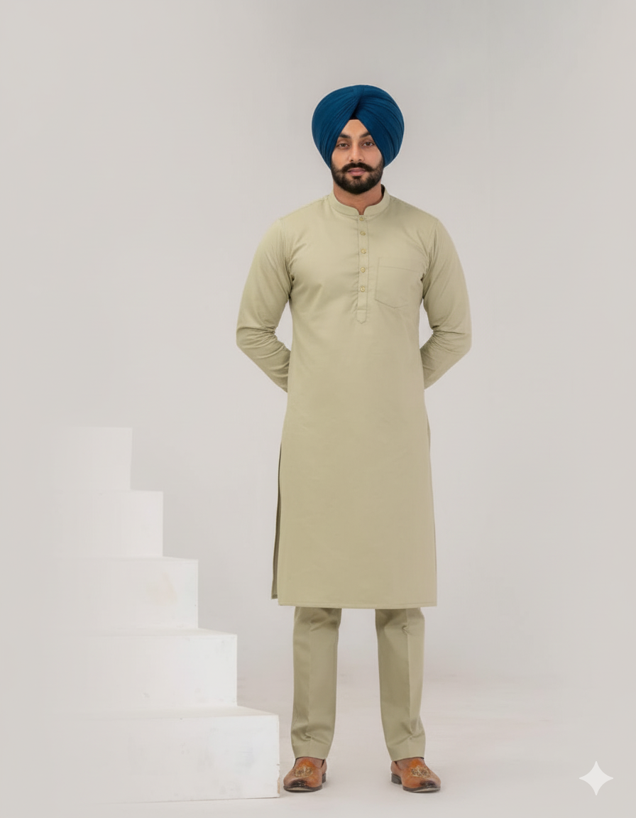 C-Green Punjabi Kurta Pajama with straight cut and band collar