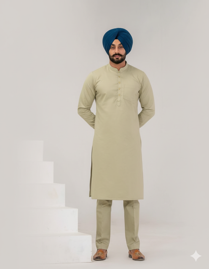 C-Green Punjabi Kurta Pajama with straight cut and band collar