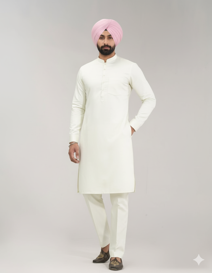 Light Pista Punjabi Straight Kurta Pajama with band collar
