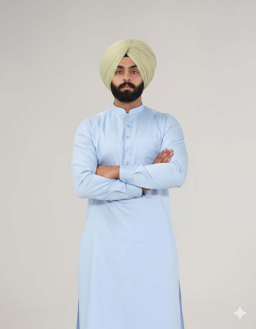 Sky Blue Punjabi Straight Kurta Pajama with band collar