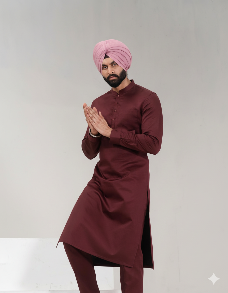 Cherry Red Straight Kurta Pajama with band collar