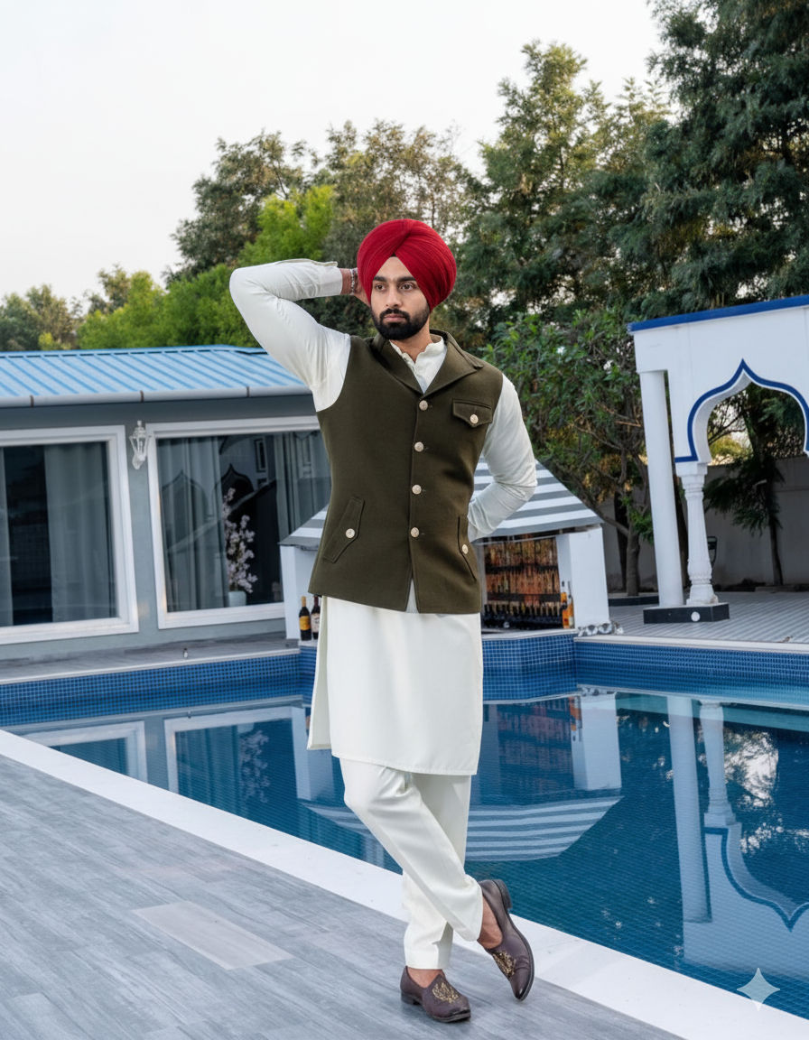 Pistachio Punjabi Kurta Pajama with Olive Jacket | Straight Kurta Pajama with band collar