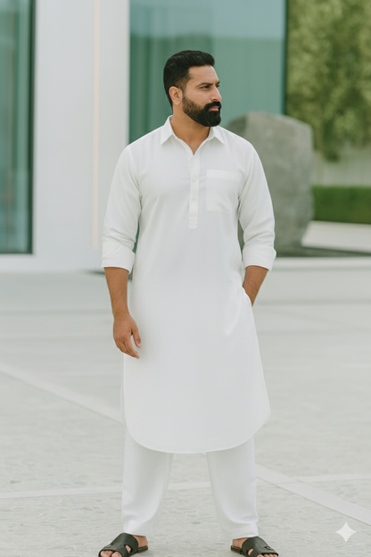 White Punjabi Kurta Pajama with Collar and Salwar