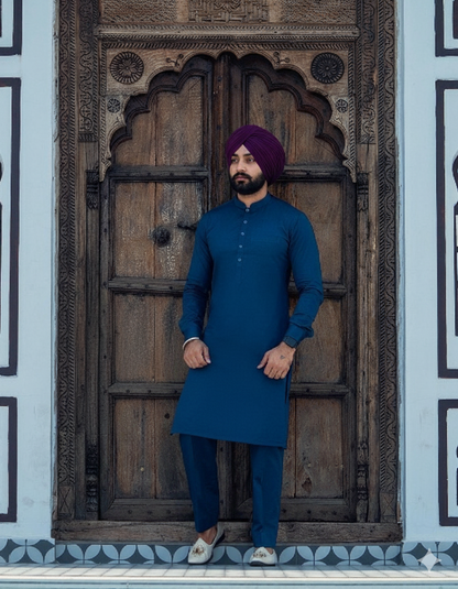 Punjabi Kurta Pajama | Peacock Color, Straight cut with band collar