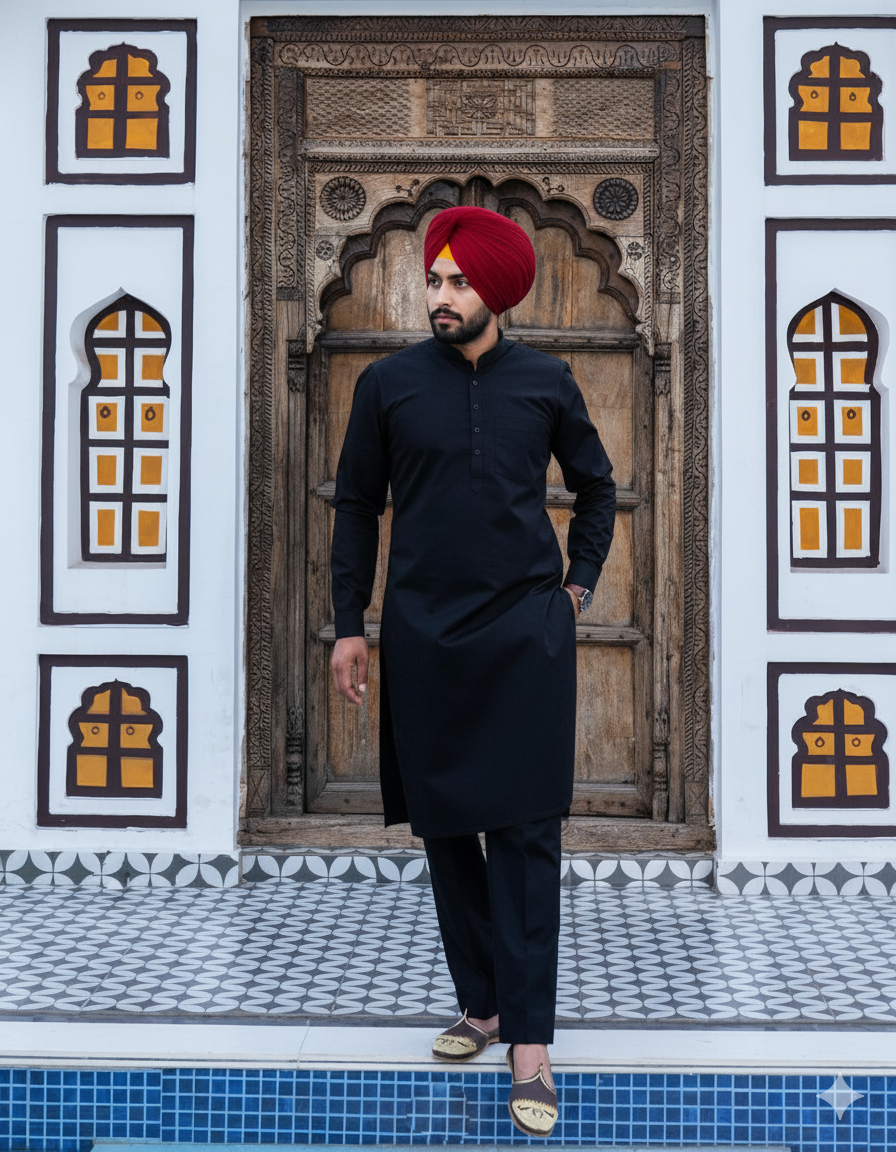 Punjabi Black Kurta Pajama | Straight Cut with band collar