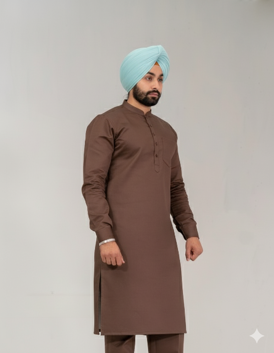 Dark Brown Punjabi Straight Kurta Pajama with band collar