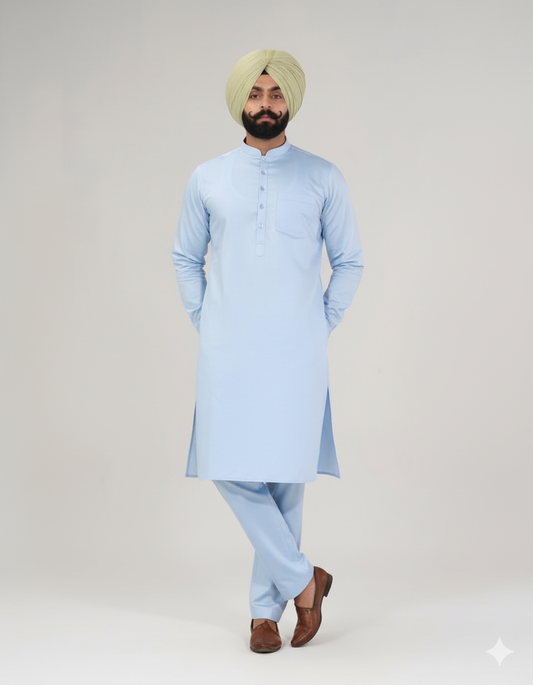 Sky Blue Punjabi Straight Kurta Pajama with band collar