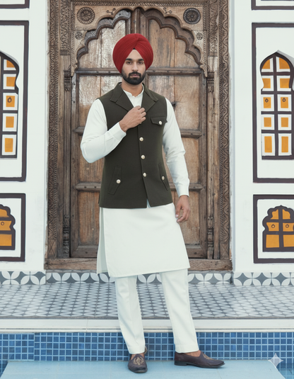 Pistachio Punjabi Kurta Pajama with Olive Jacket | Straight Kurta Pajama with band collar