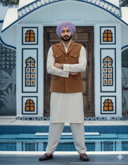 Cream Kurta Pajama with Beige Color Jacket | Straight Kurta with collar and Pathani Salwar