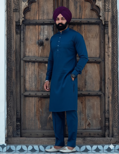 Punjabi Kurta Pajama | Peacock Color, Straight cut with band collar