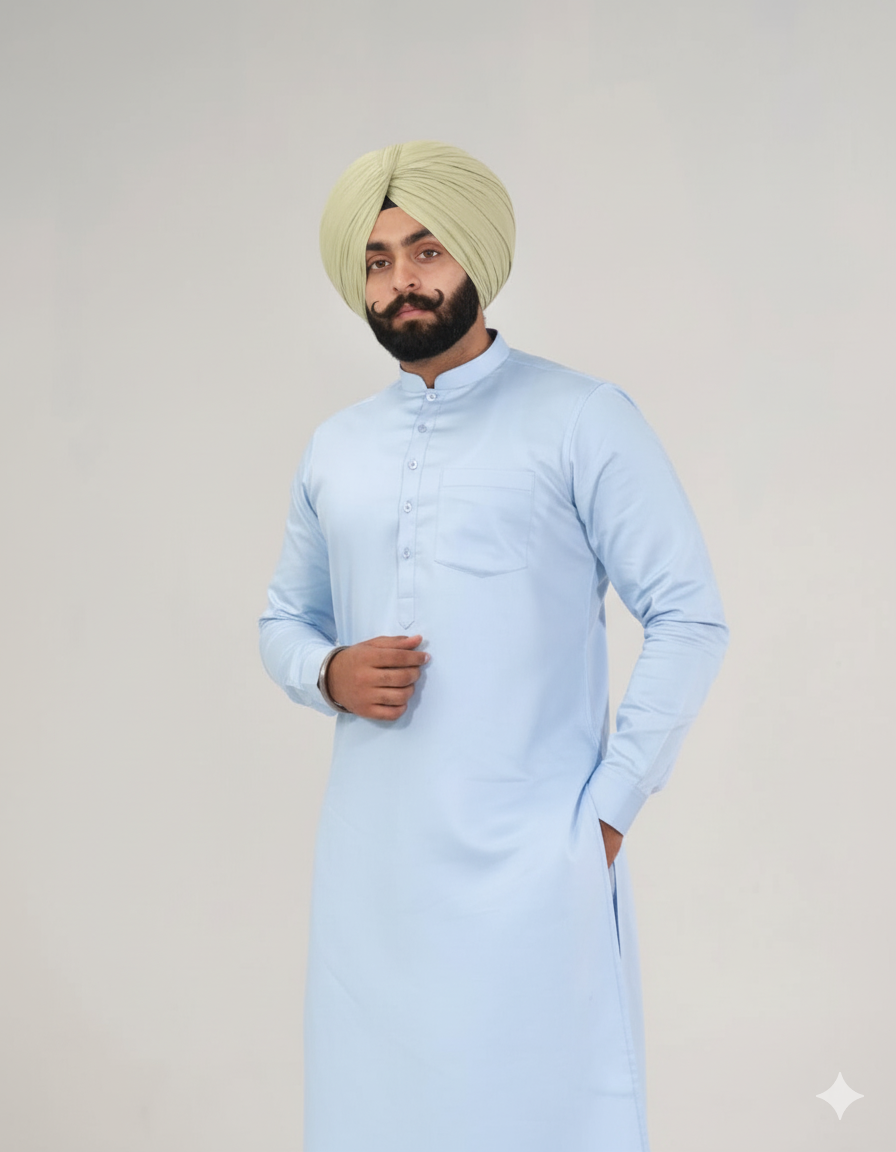 Sky Blue Punjabi Straight Kurta Pajama with band collar