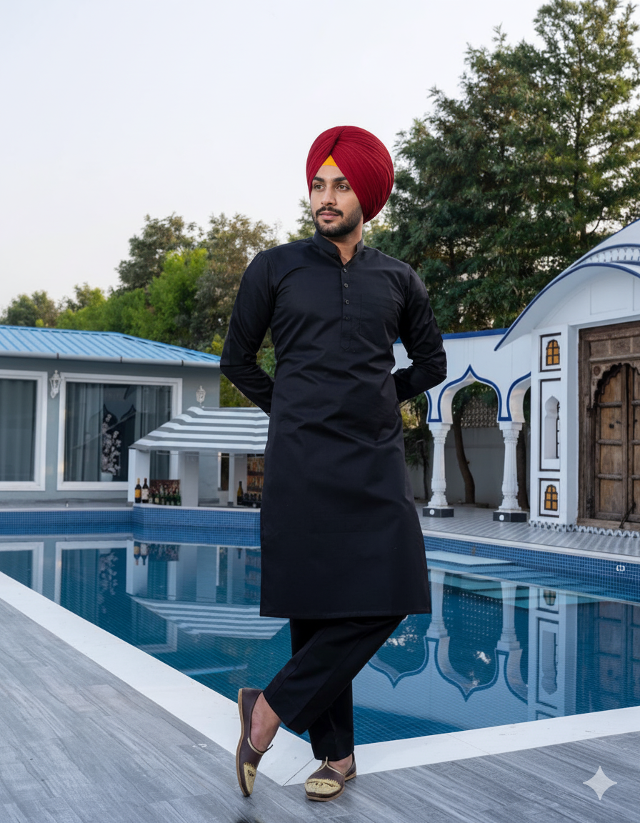 Punjabi Black Kurta Pajama | Straight Cut with band collar