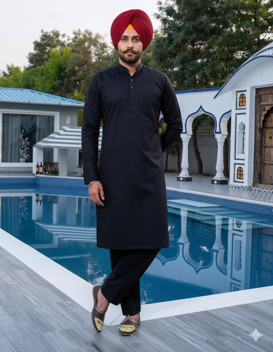 Punjabi Black Kurta Pajama | Straight Cut with band collar