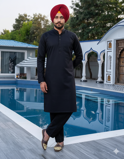 Punjabi Black Kurta Pajama | Straight Cut with band collar