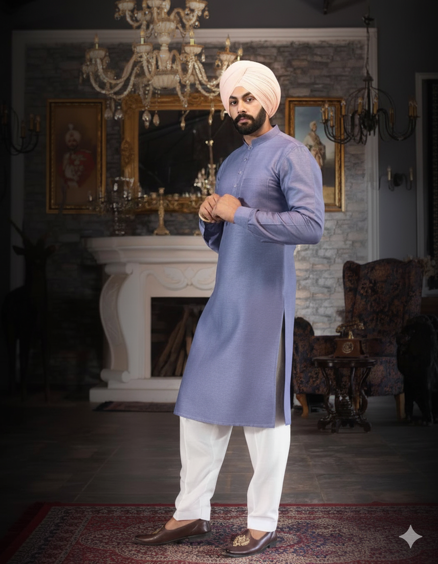 Dark Blue Violet Straight Kurta with band collar & Salwar – Punjabi Style