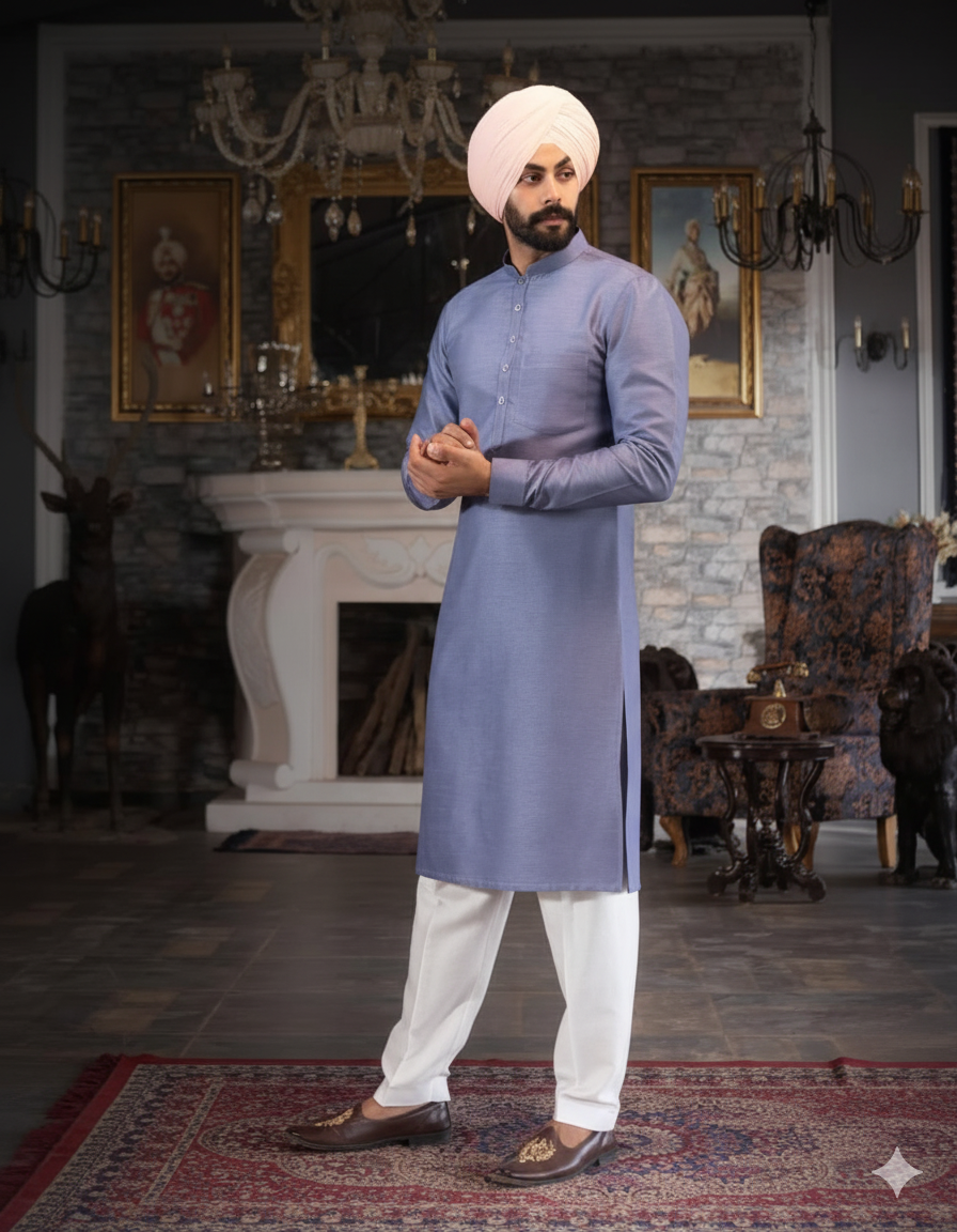 Dark Blue Violet Straight Kurta with band collar & Salwar – Punjabi Style